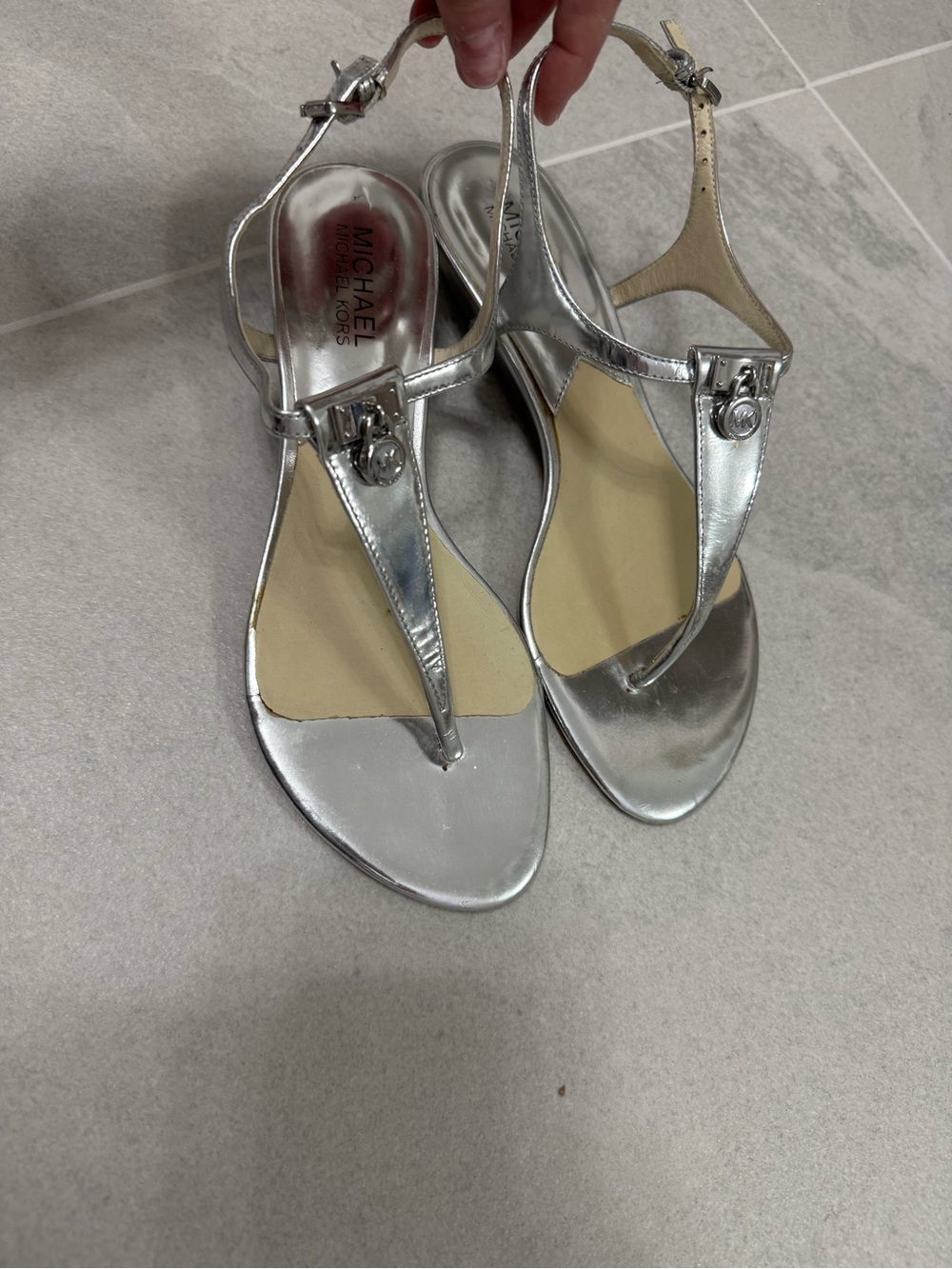 MICHAEL Michael Kors Metallic Silver T-Strap Sandals
